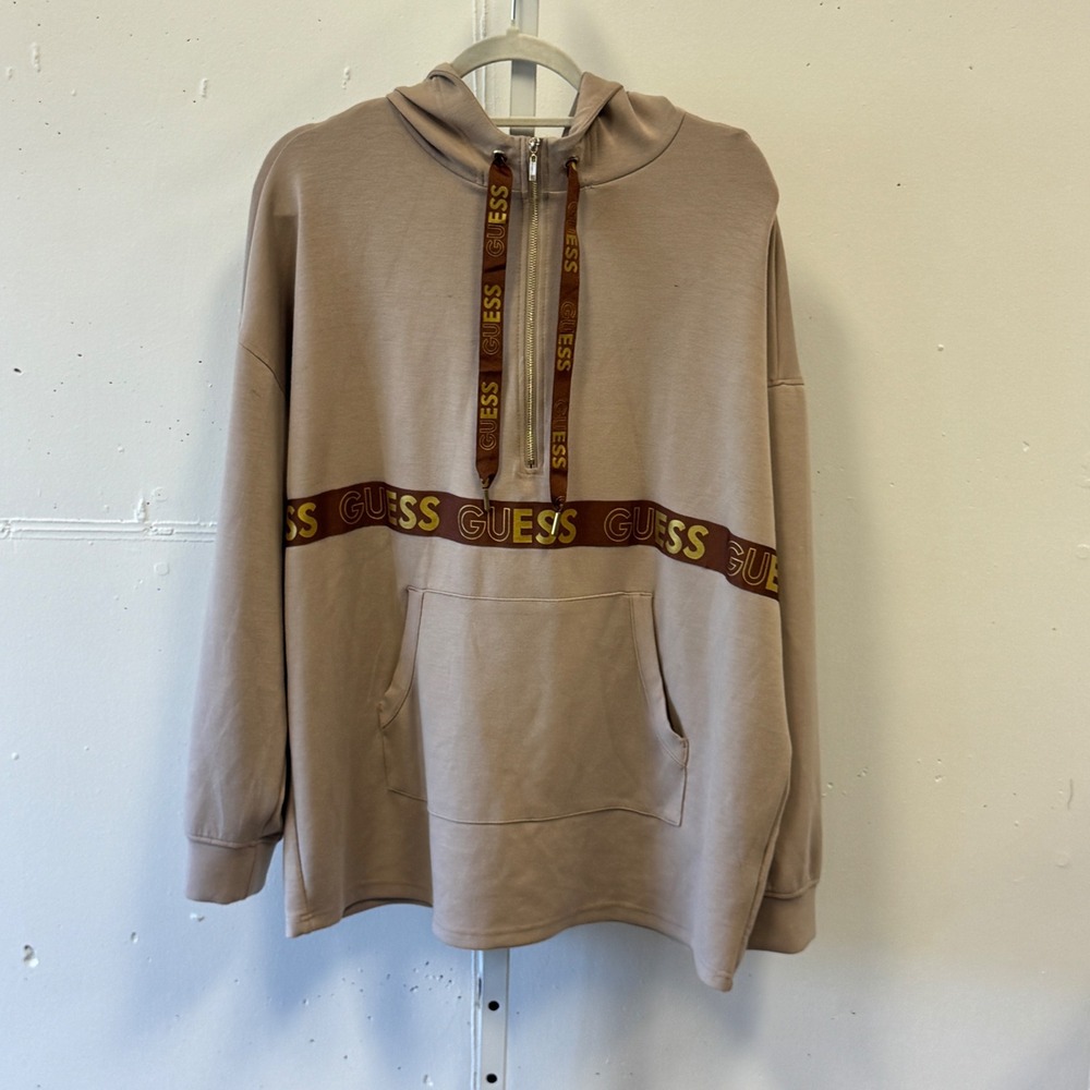 Guess Los Angeles Tan Logo Tape Half Zip Hoodie Athleisure Large Relaxed Fit